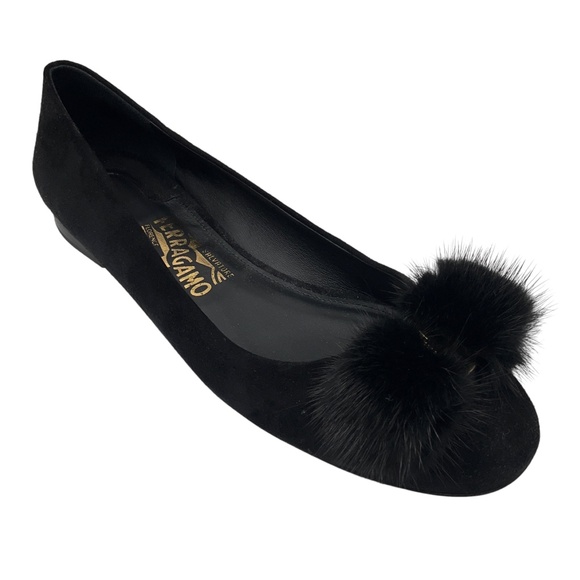SALVATORE FERRAGAMO BLACK FUR EMBELLISHED SUEDE BALLET FLATS - Picture 1 of 9